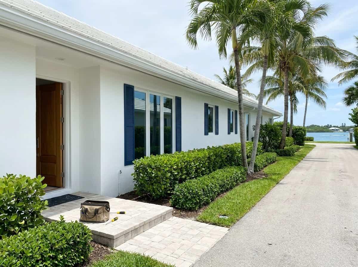 Island house with an open front door and tools on the step in Jupiter Inlet Colony, FL