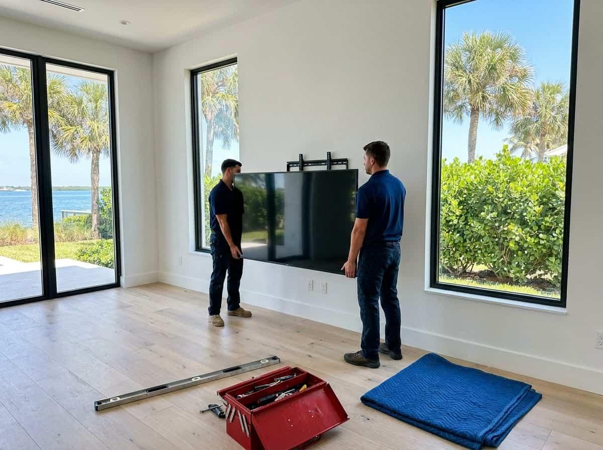 Two technicians mounting a television in a coastal home in Jupiter, FL
