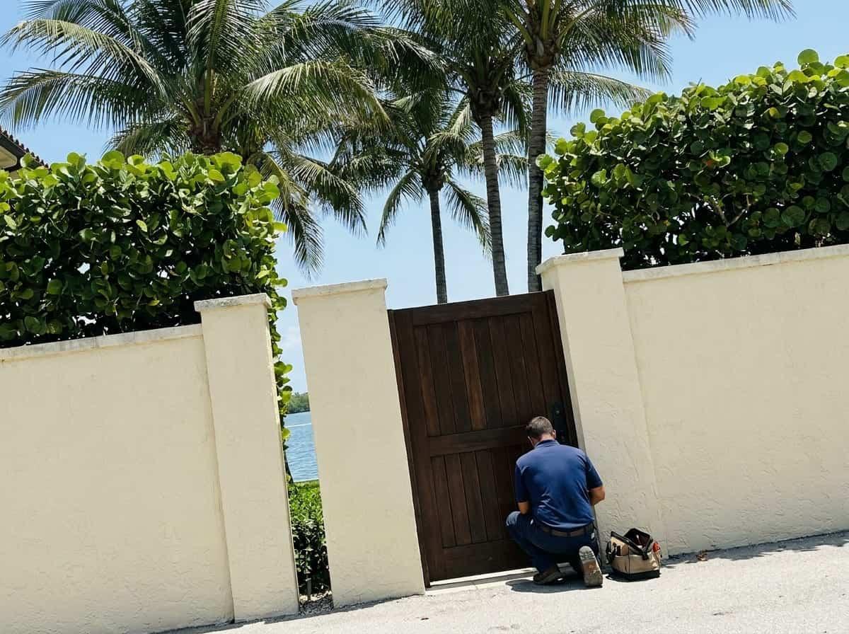 Worker checking entry gate hardware on an estate street in Manalapan, FL