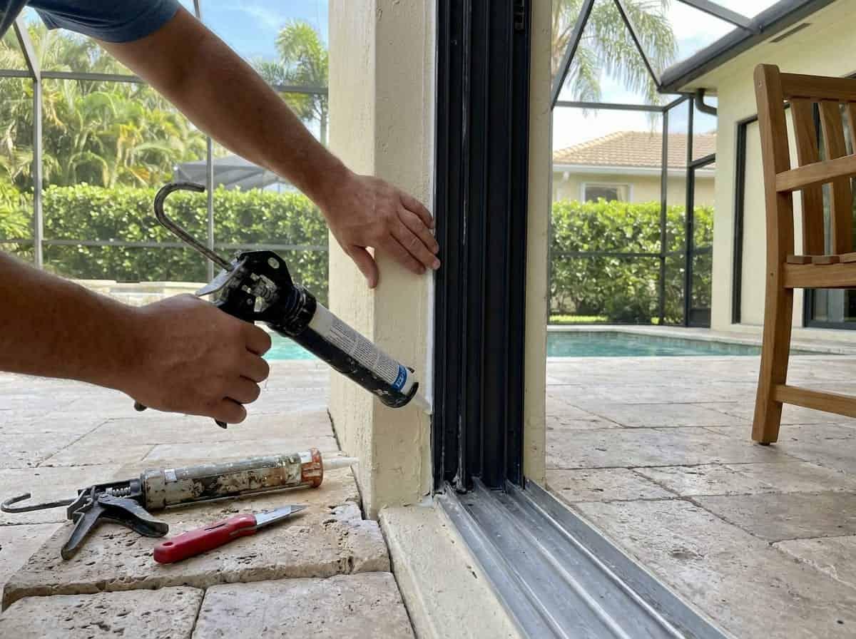 Sealing a sliding door frame joint at a home in Palm Beach County, FL