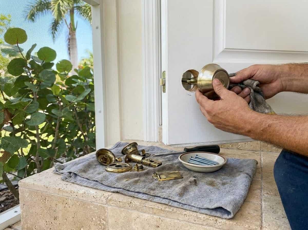 New deadbolt being fitted on a front door in Palm Beach County, FL