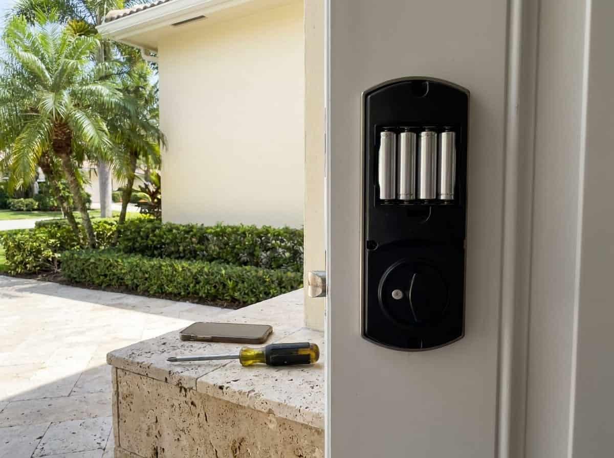 Battery powered smart lock being installed on a front door in Palm Beach County, FL