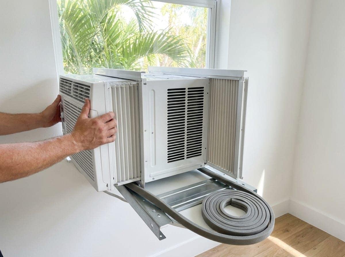 Plug-in window air conditioning unit being installed in a home in Palm Beach County, FL