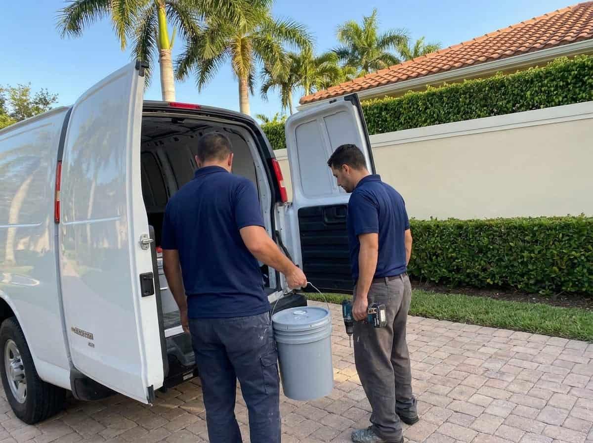 Two technicians loading tools at a work van in Palm Beach County, FL