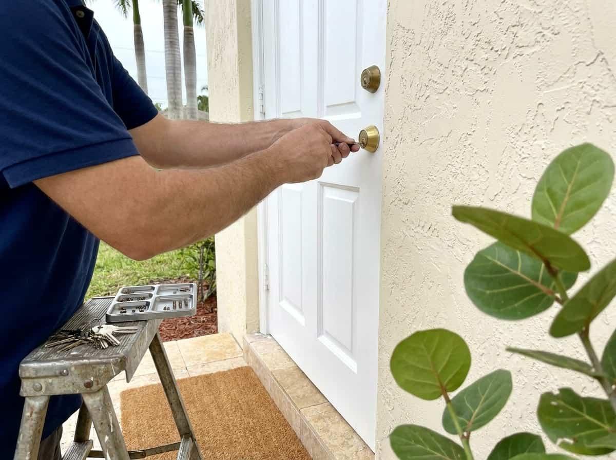 Rekeying a front door deadbolt at a home in Palm Beach County, FL