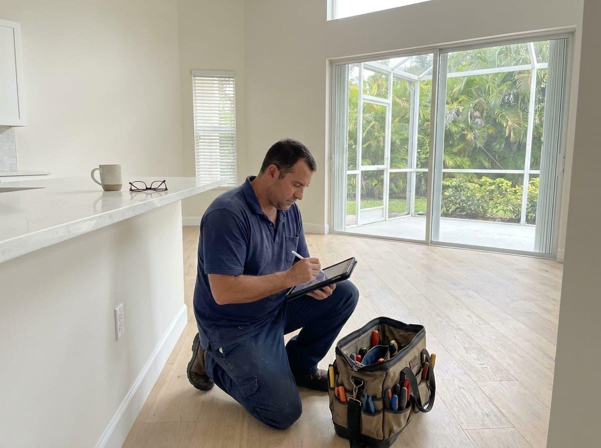 Technician writing up a handyman quote in a home in Palm Beach County, FL