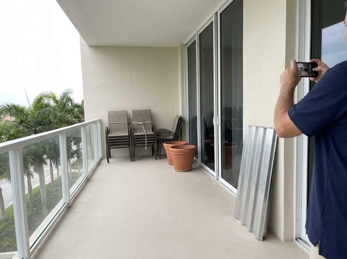 Condo balcony prepared for hurricane season in Palm Beach County, FL