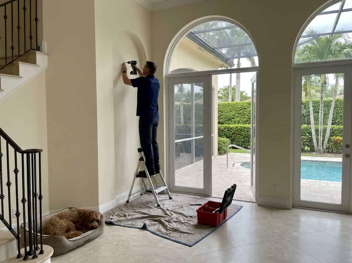 Technician installing a wall bracket in a Mediterranean style home in Boca Raton, FL