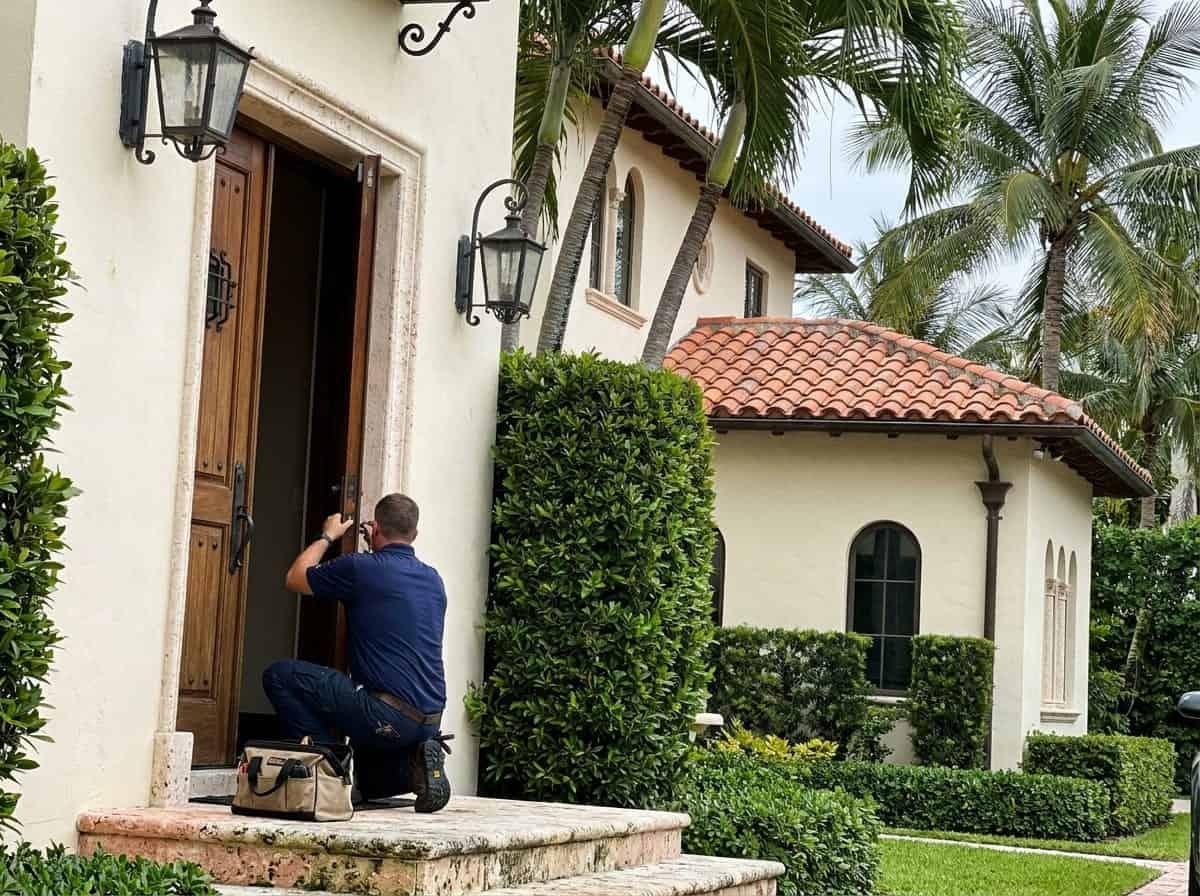 Servicing a door lock at a Mediterranean Revival estate in Palm Beach, FL