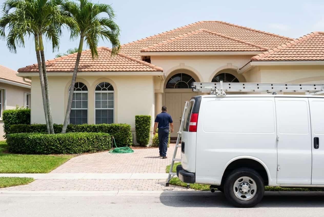 Work van and technician at a stucco home in Palm Beach County, FL