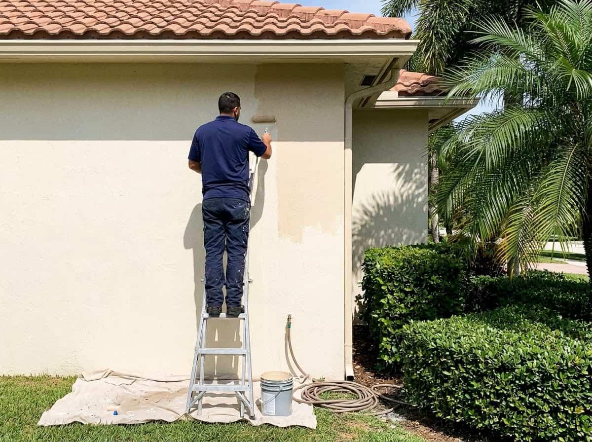 Technician painting the exterior wall of a home in Palm Beach County, FL