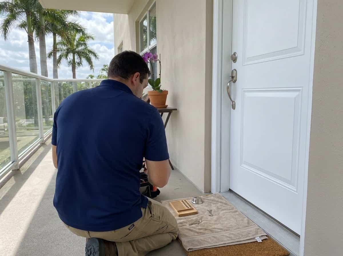 Technician rekeying a lock on a condo door in Palm Beach County, FL